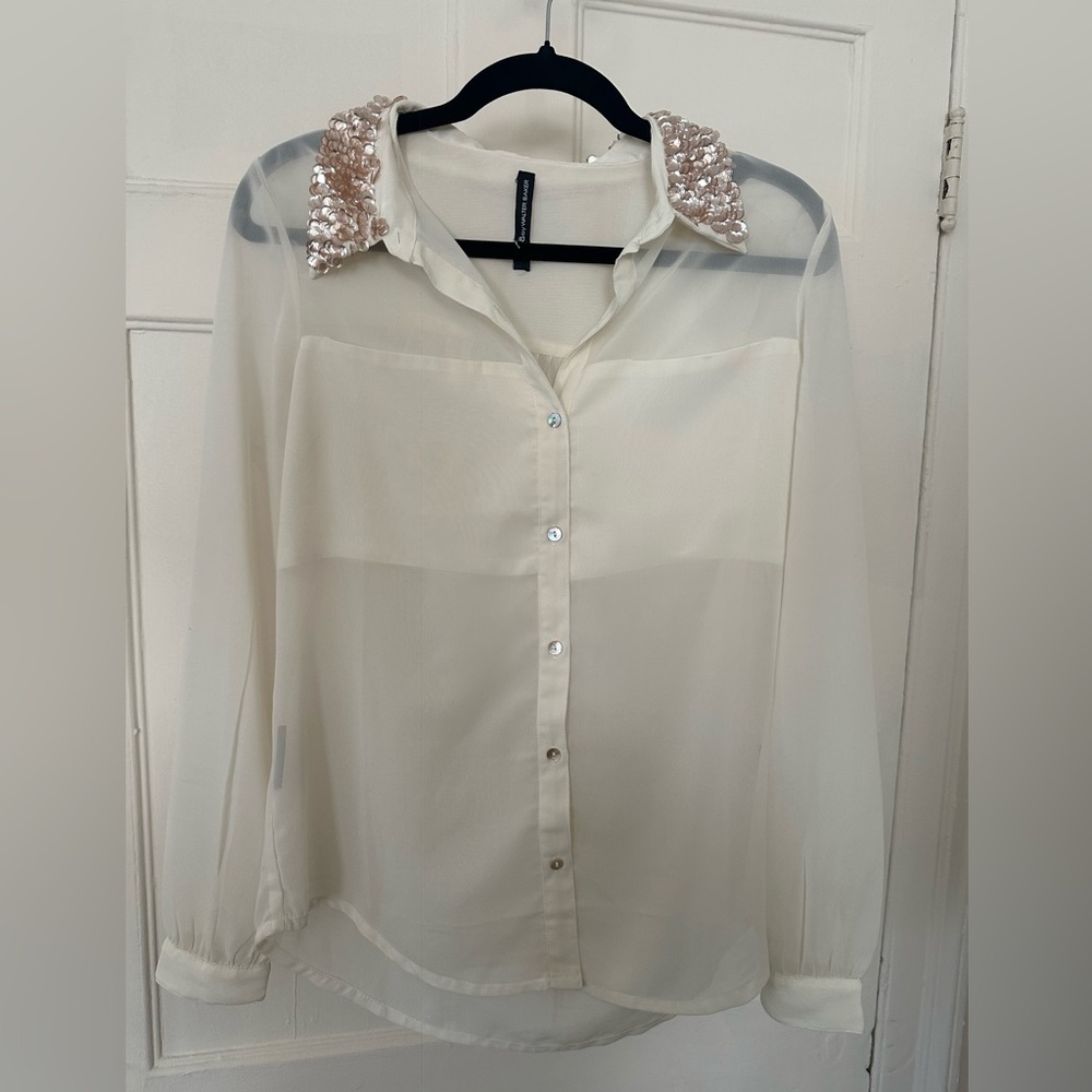 W118 x WALTER BAKER Women's Ivory White Blouse XS Long Sleeve Sequin Sparkle